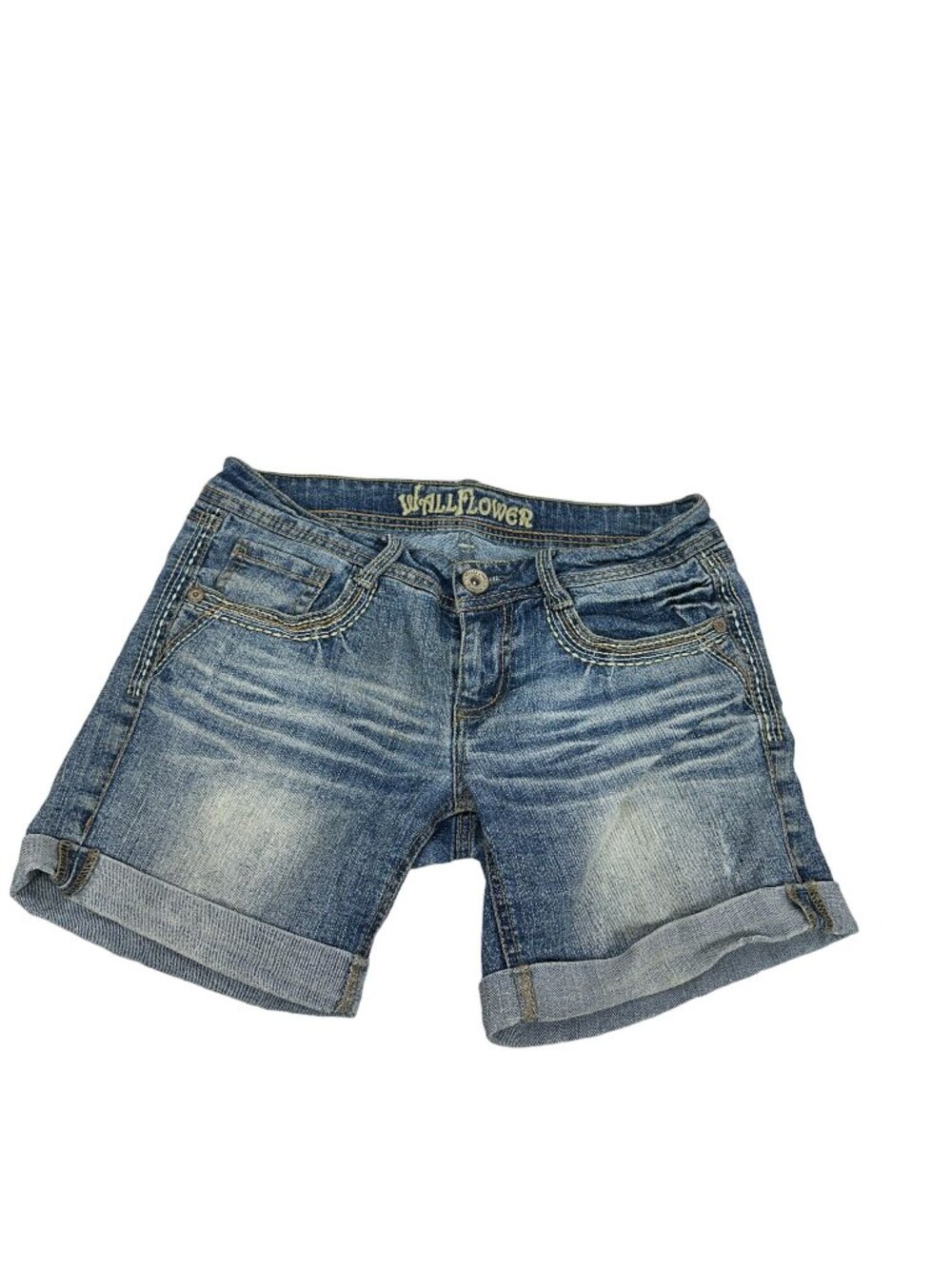 Wallflower Womens Denim Shorts Size 2 Cuffed Mid Rise Stretch Blue Jeweled